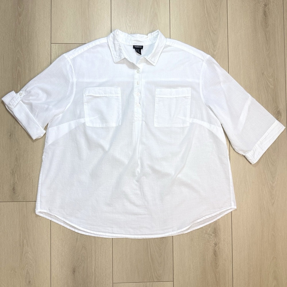 Torrid Womens 3X White 100% Cotton Tunic Top Roll Tab Sleeve Popover Plus Size